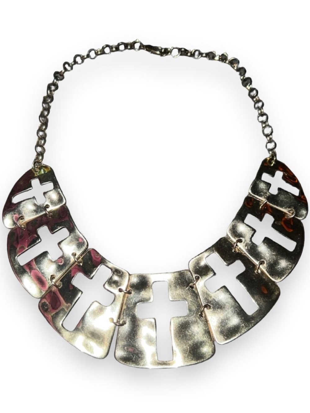 Gold-Tone Cross Crucifix Hammered Cutout Statement Collar Bib Necklace